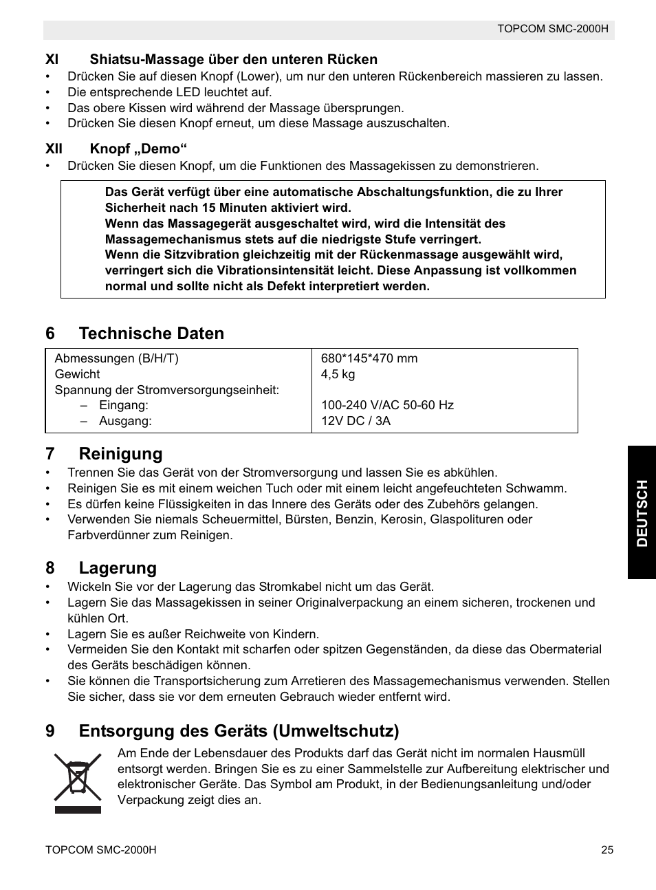 6technische daten 7 reinigung, 8lagerung, 9entsorgung des geräts (umweltschutz) | Topcom SMC-2000H User Manual | Page 25 / 108