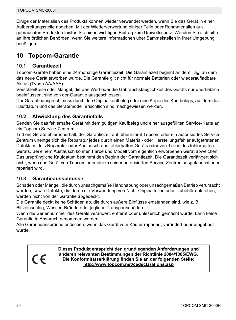 10 topcom-garantie | Topcom SMC-2000H User Manual | Page 26 / 108