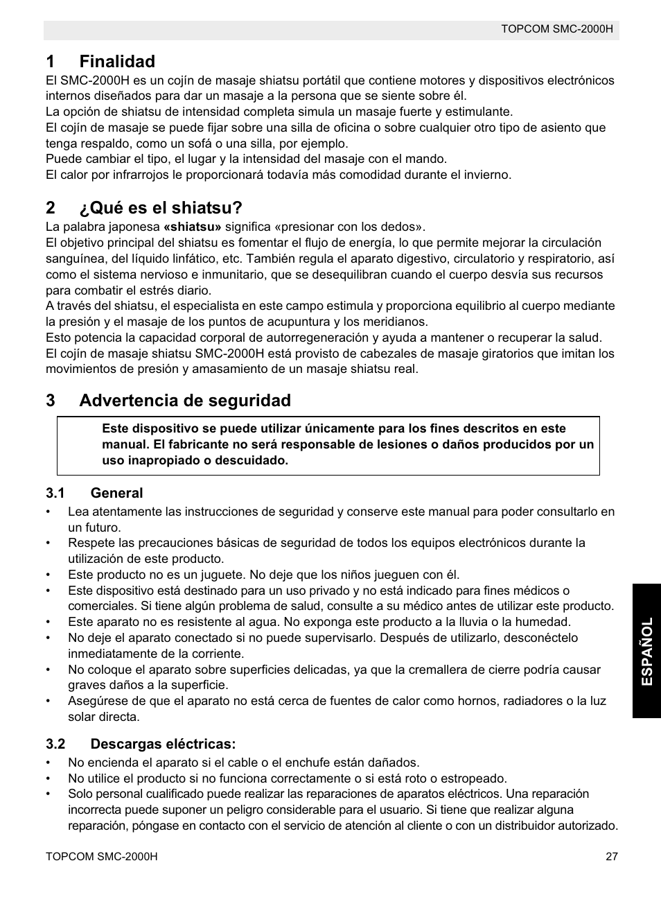 1finalidad, 2¿qué es el shiatsu, 3advertencia de seguridad | Topcom SMC-2000H User Manual | Page 27 / 108
