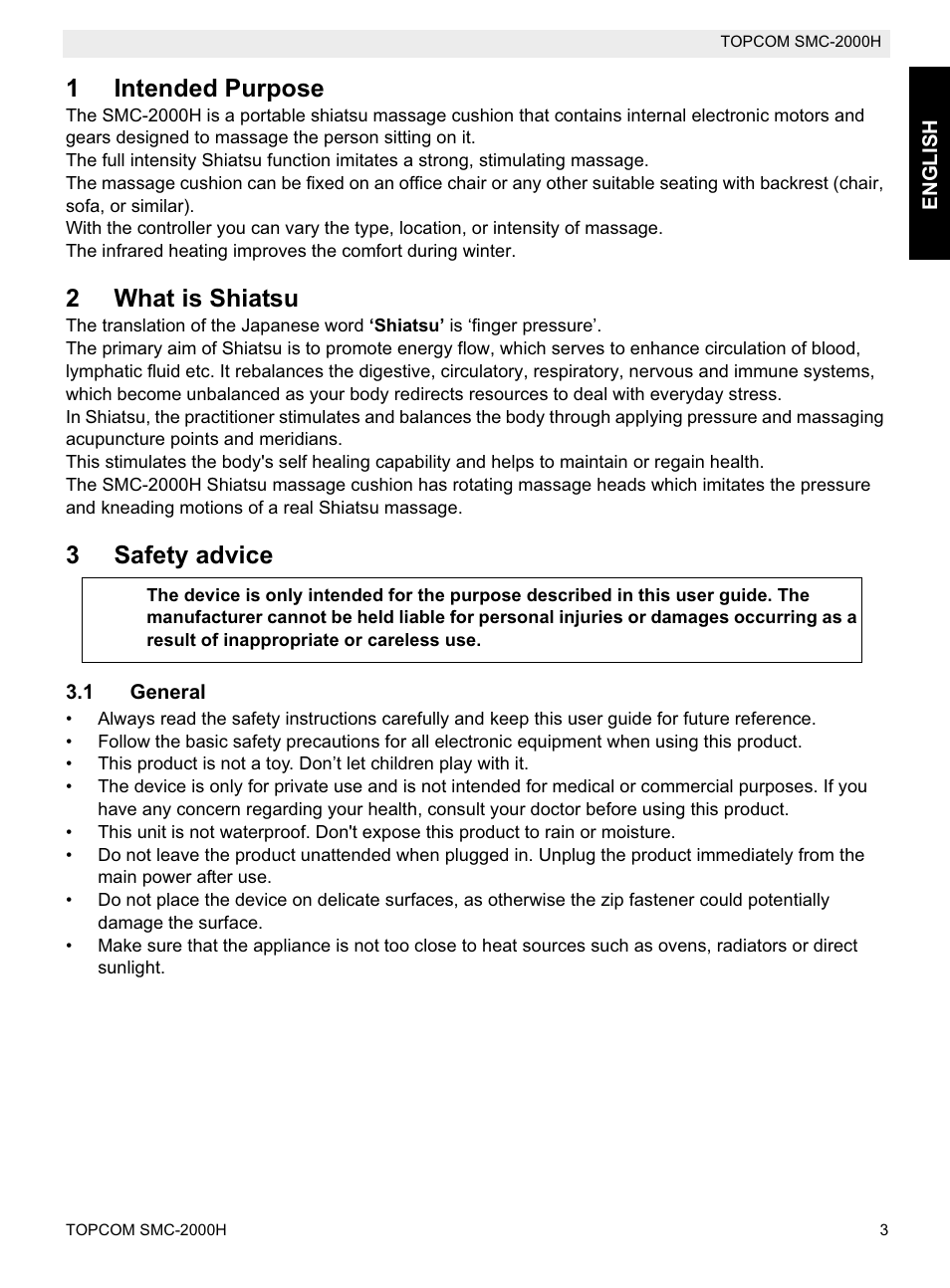 1intended purpose, 2what is shiatsu, 3safety advice | Topcom SMC-2000H User Manual | Page 3 / 108