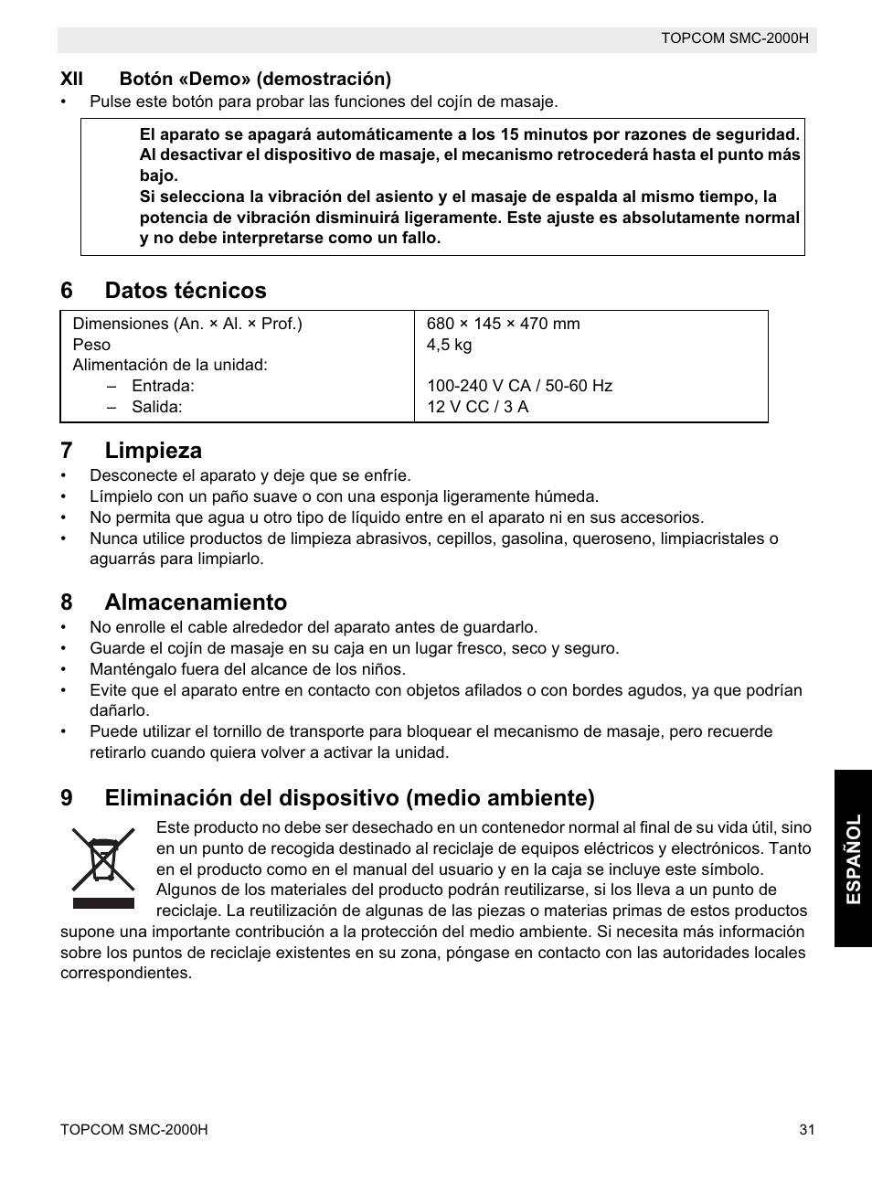 6datos técnicos 7 limpieza, 8almacenamiento, 9eliminación del dispositivo (medio ambiente) | Topcom SMC-2000H User Manual | Page 31 / 108