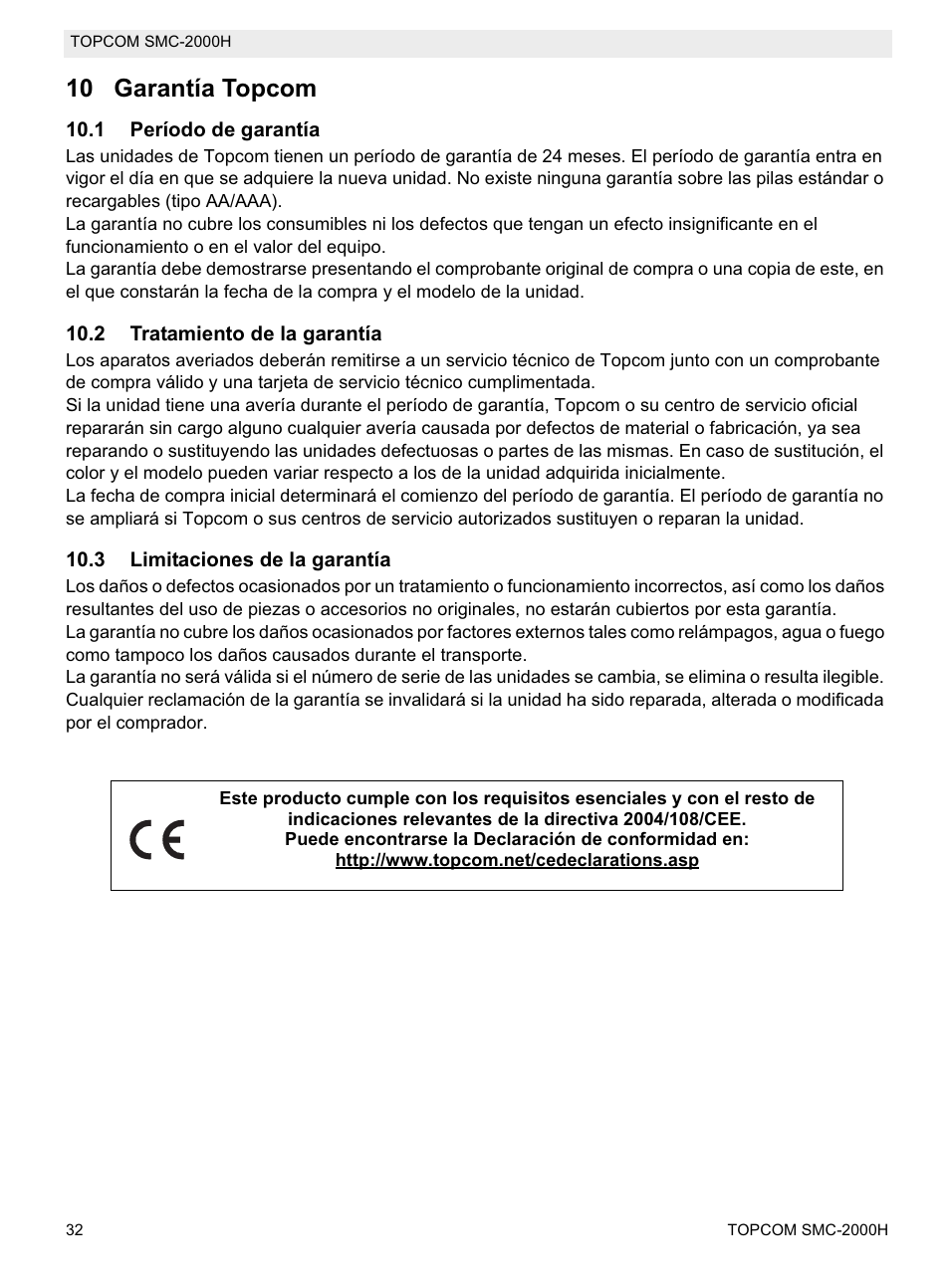 10 garantía topcom | Topcom SMC-2000H User Manual | Page 32 / 108