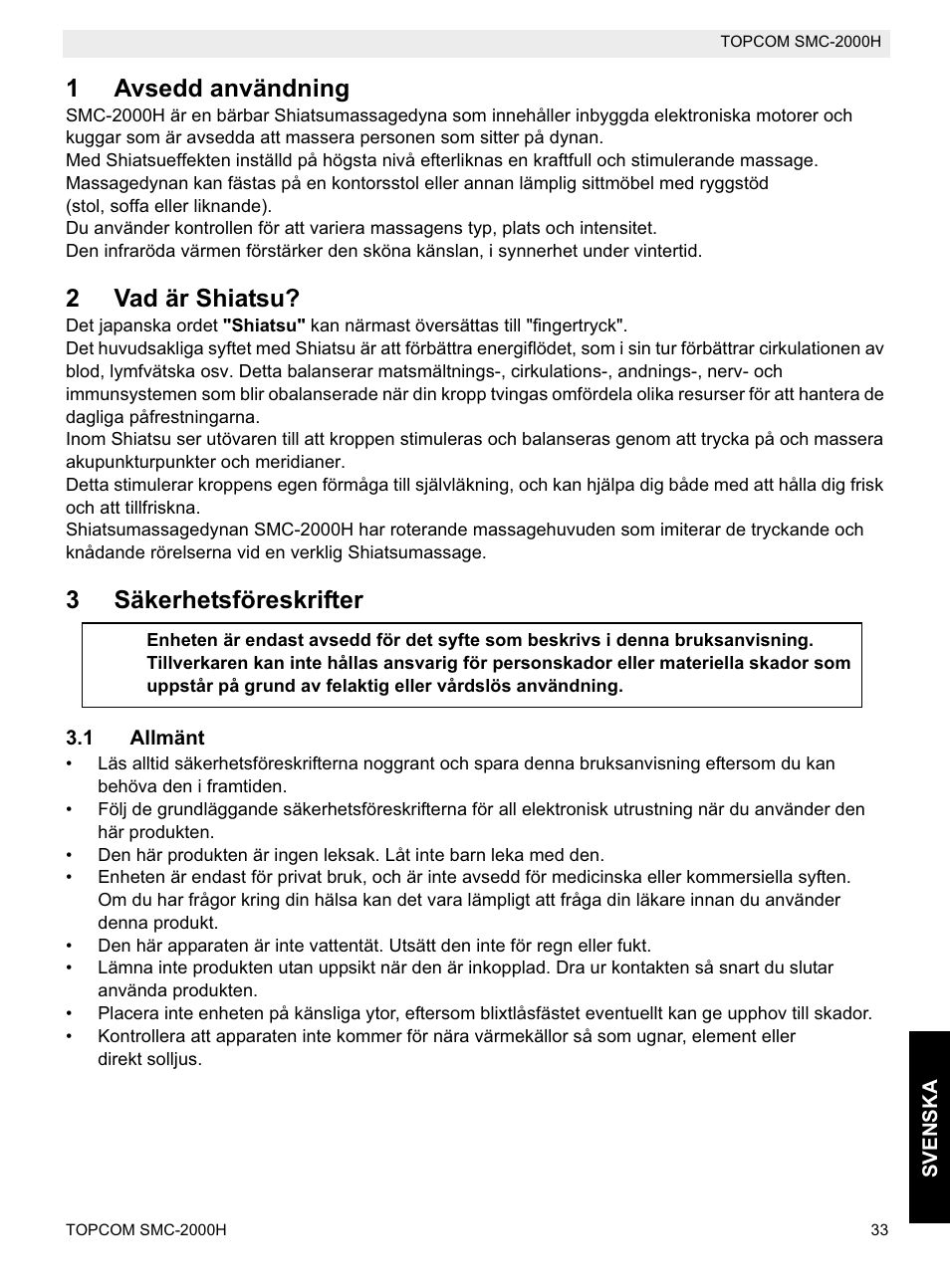 1avsedd användning, 2vad är shiatsu, 3säkerhetsföreskrifter | Topcom SMC-2000H User Manual | Page 33 / 108