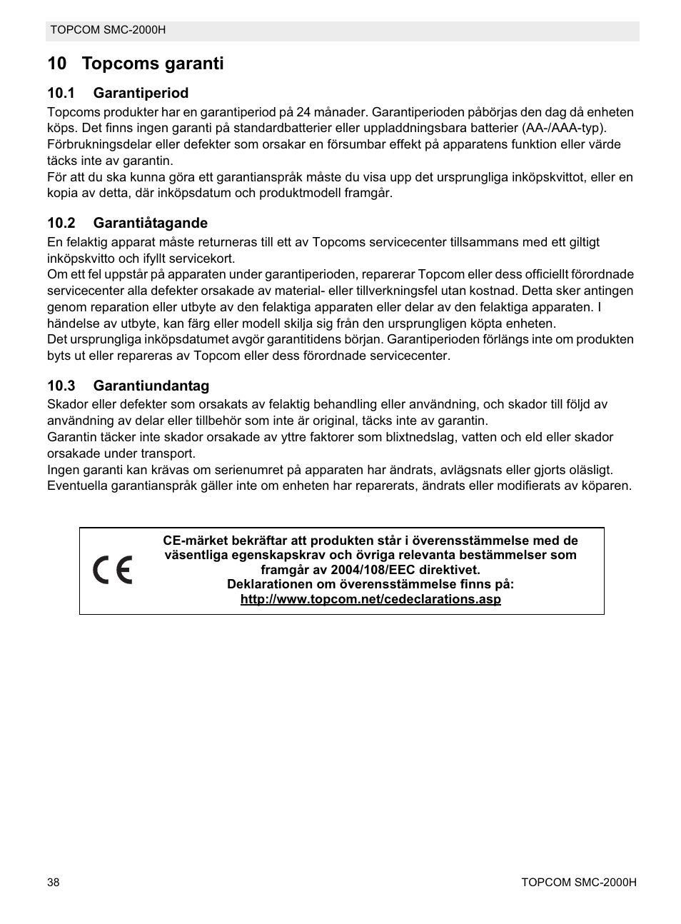 10 topcoms garanti | Topcom SMC-2000H User Manual | Page 38 / 108