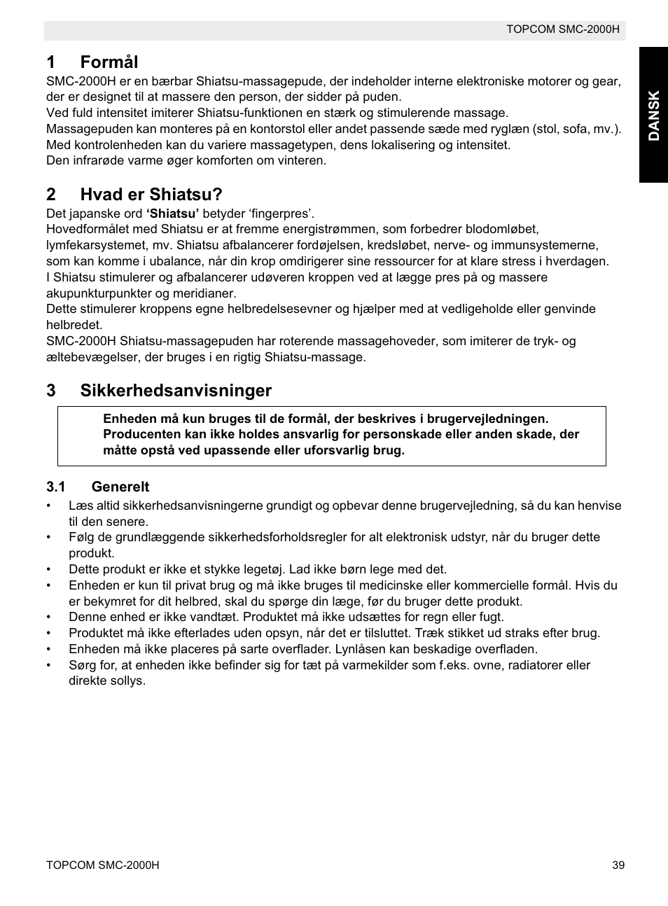 1formål, 2hvad er shiatsu, 3sikkerhedsanvisninger | Topcom SMC-2000H User Manual | Page 39 / 108