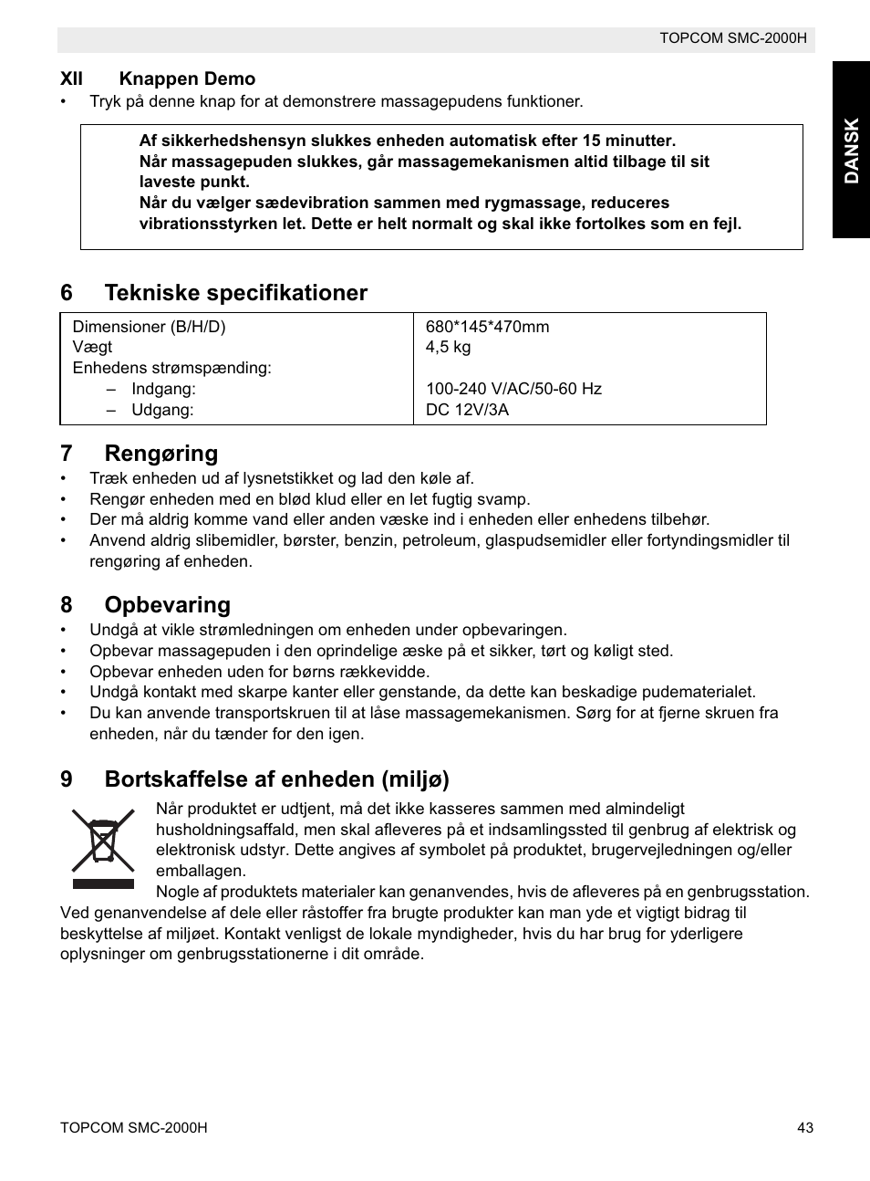 6tekniske specifikationer 7 rengøring, 8opbevaring, 9bortskaffelse af enheden (miljø) | Topcom SMC-2000H User Manual | Page 43 / 108