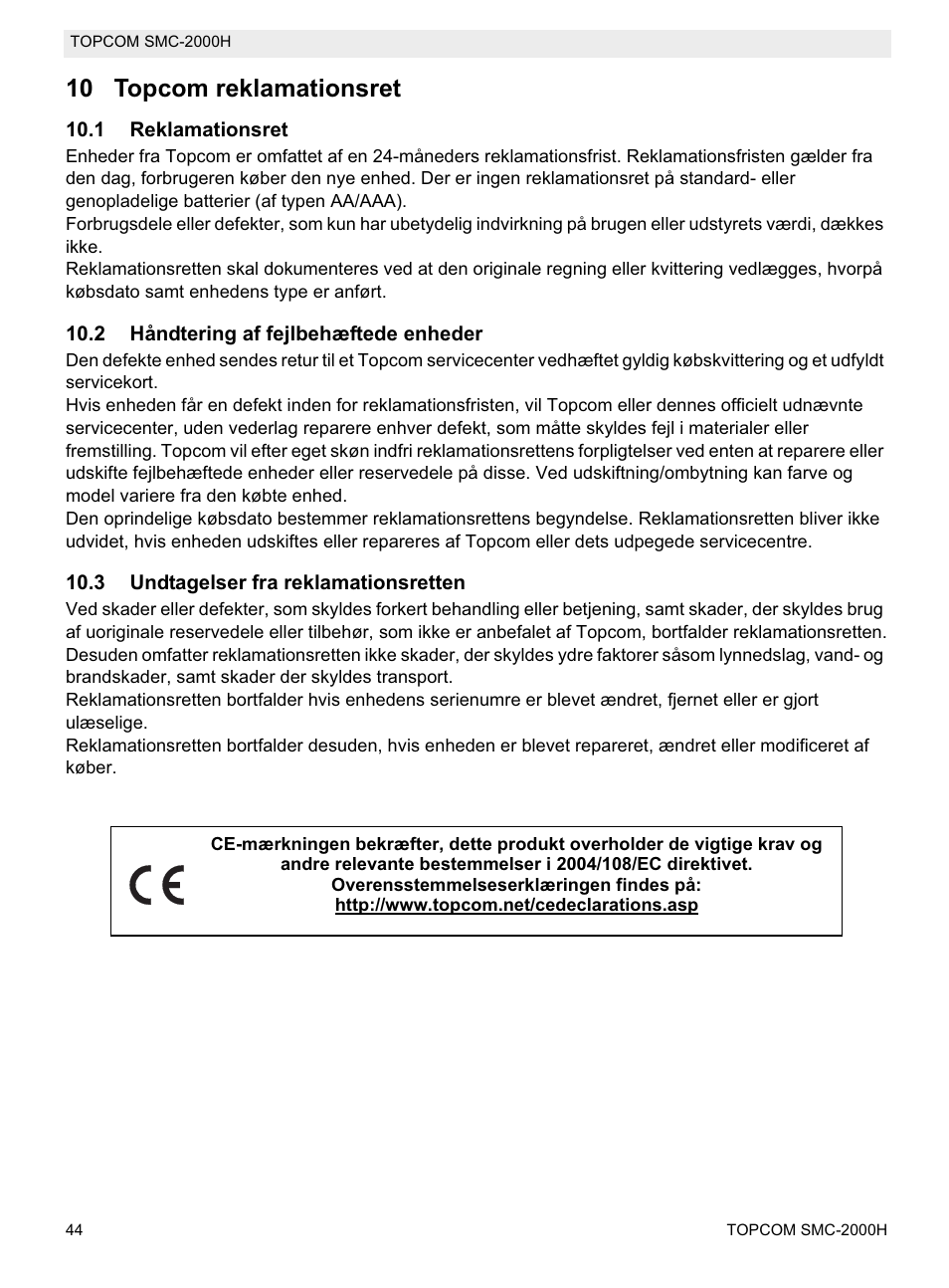 10 topcom reklamationsret | Topcom SMC-2000H User Manual | Page 44 / 108