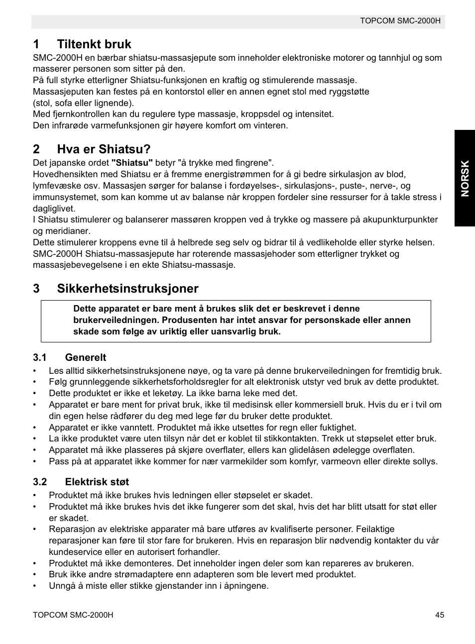 1tiltenkt bruk, 2hva er shiatsu, 3sikkerhetsinstruksjoner | Topcom SMC-2000H User Manual | Page 45 / 108