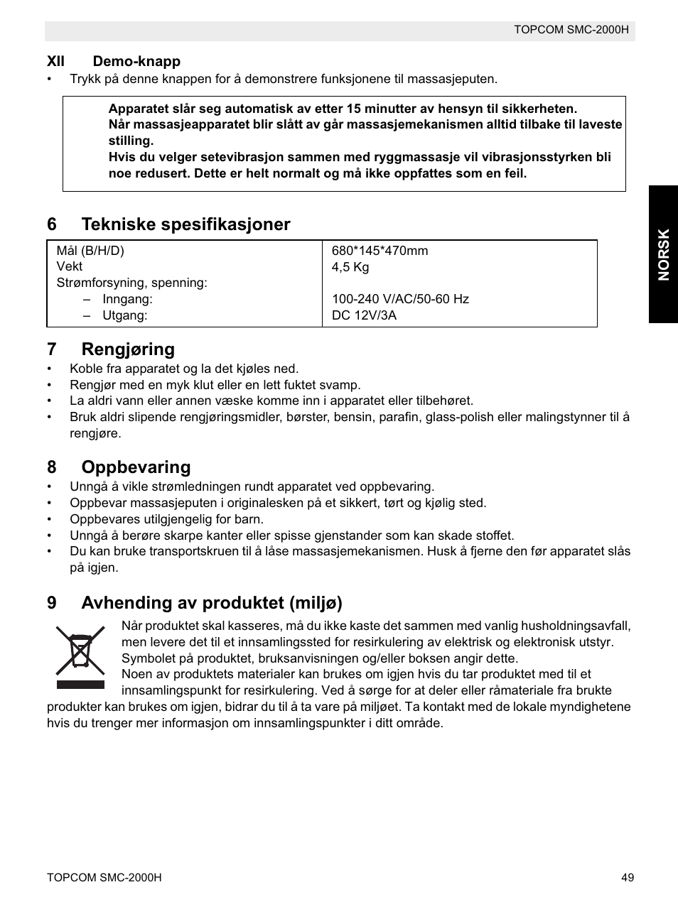6tekniske spesifikasjoner 7 rengjøring, 8oppbevaring, 9avhending av produktet (miljø) | Topcom SMC-2000H User Manual | Page 49 / 108