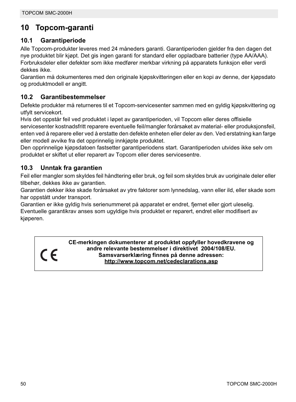 10 topcom-garanti | Topcom SMC-2000H User Manual | Page 50 / 108