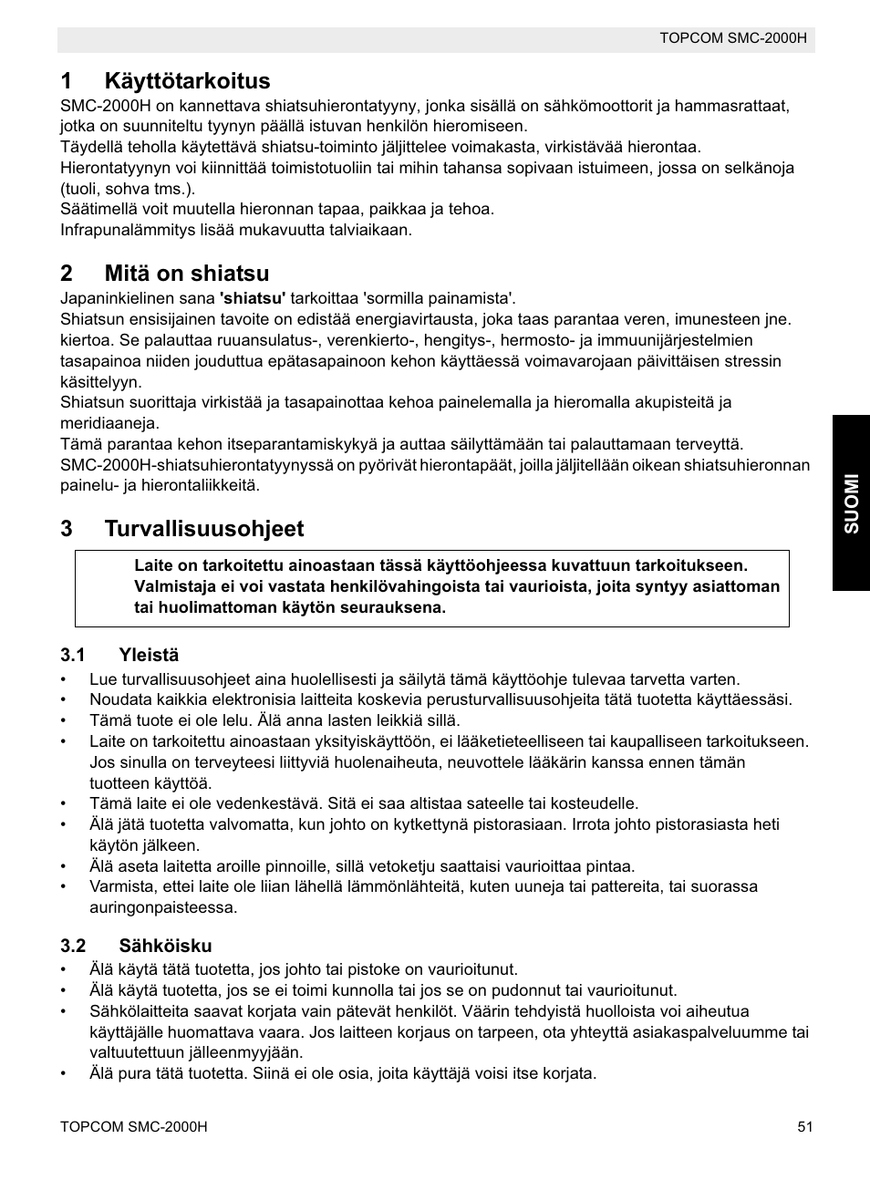 1käyttötarkoitus, 2mitä on shiatsu, 3turvallisuusohjeet | Topcom SMC-2000H User Manual | Page 51 / 108
