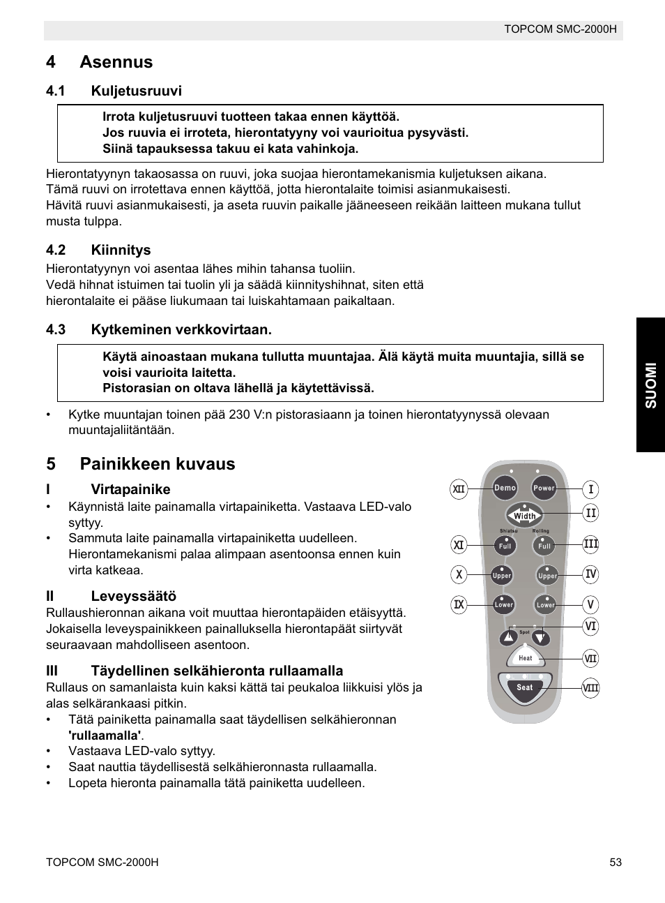 4asennus, 5painikkeen kuvaus | Topcom SMC-2000H User Manual | Page 53 / 108