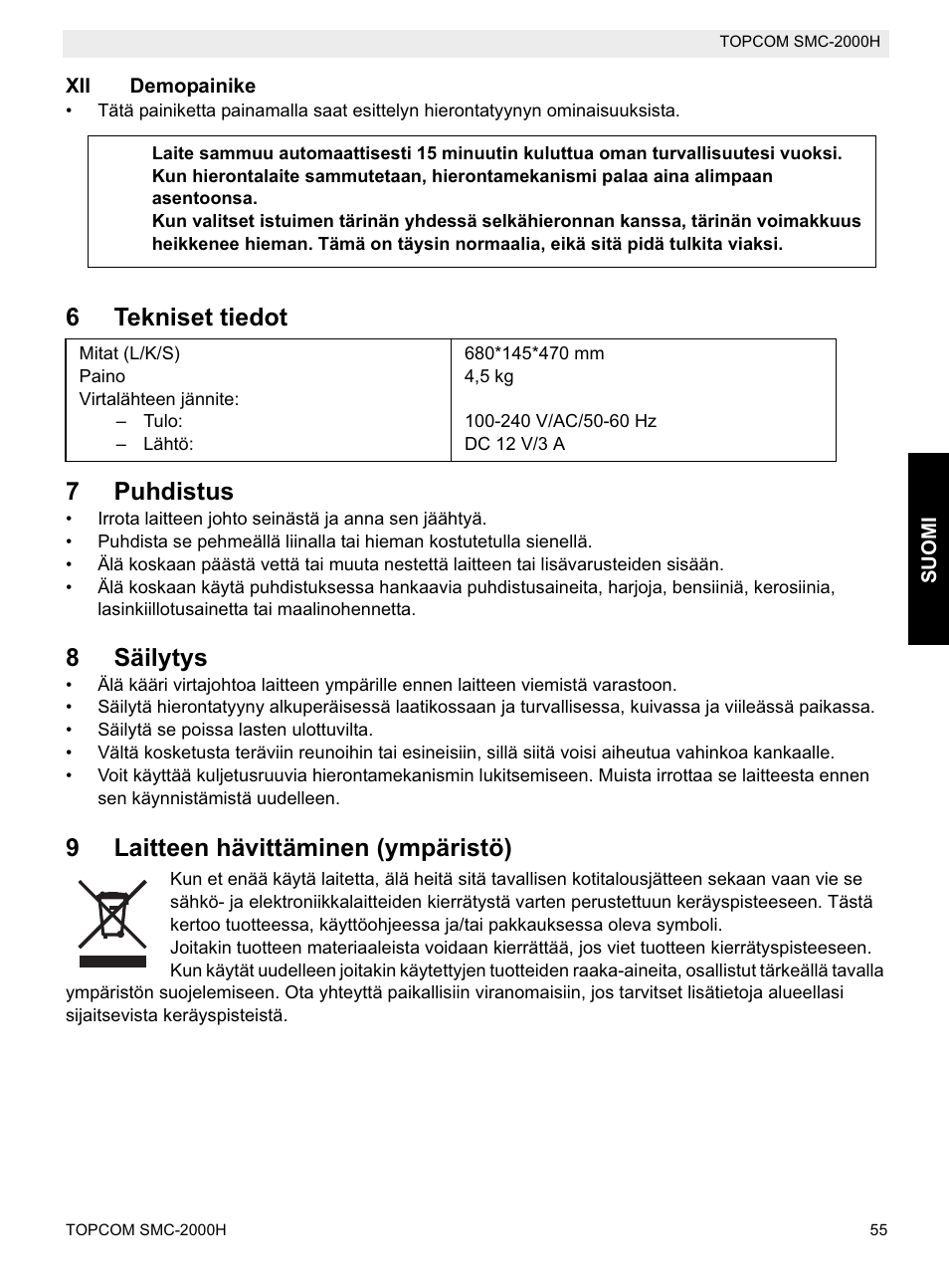 6tekniset tiedot 7 puhdistus, 8säilytys, 9laitteen hävittäminen (ympäristö) | Topcom SMC-2000H User Manual | Page 55 / 108