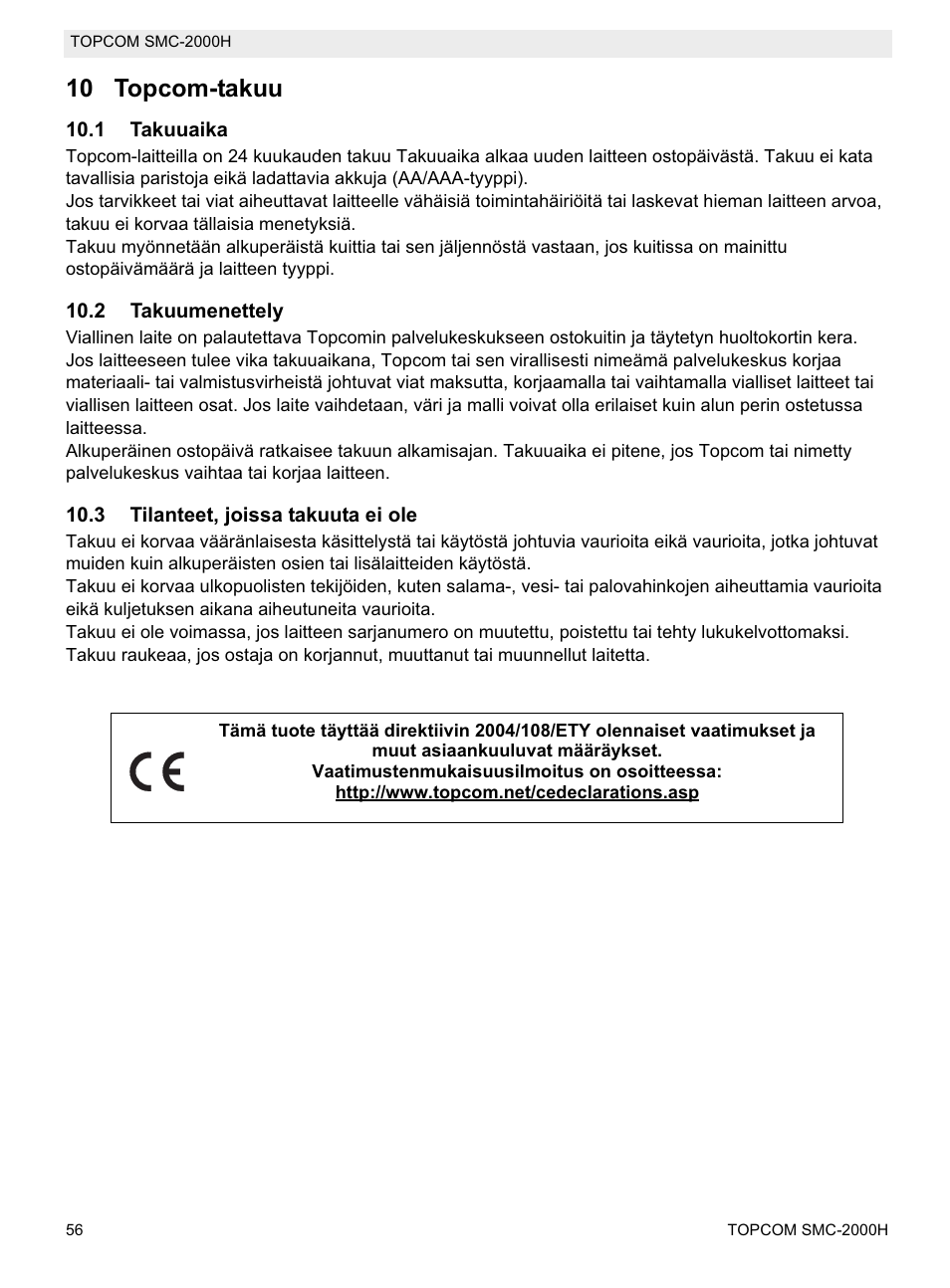 10 topcom-takuu | Topcom SMC-2000H User Manual | Page 56 / 108