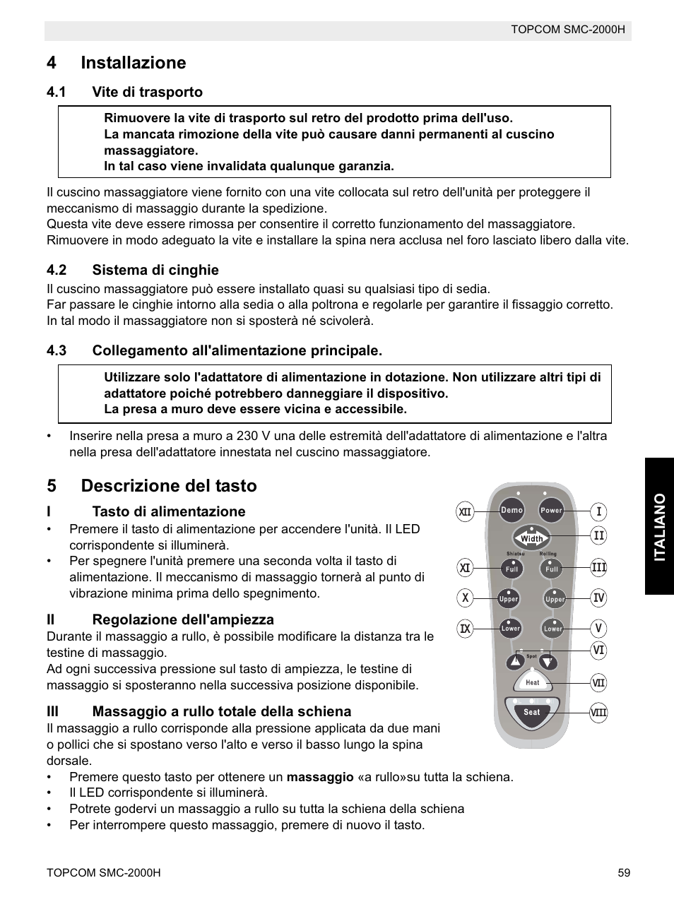 4installazione, 5descrizione del tasto | Topcom SMC-2000H User Manual | Page 59 / 108