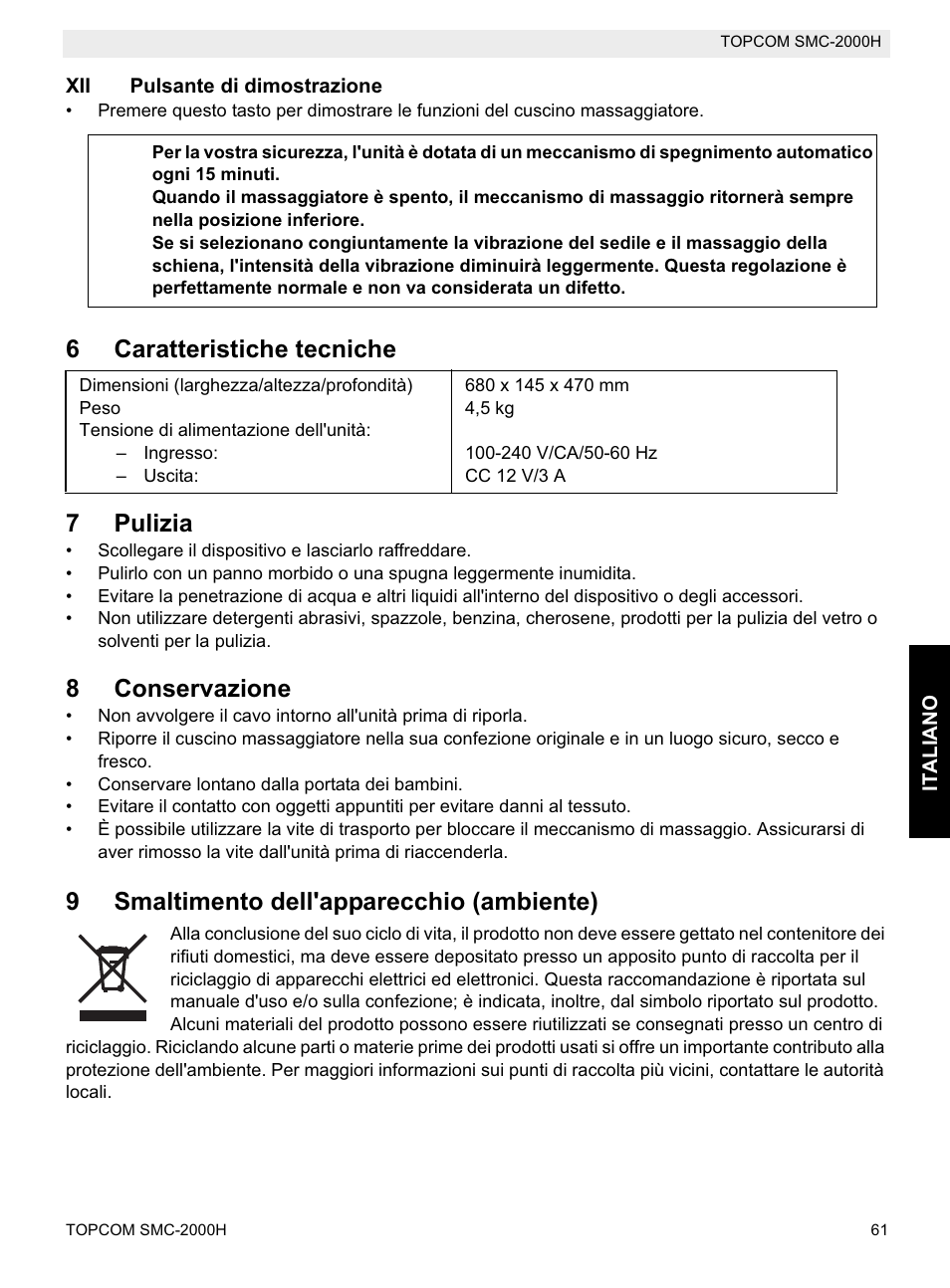 6caratteristiche tecniche 7 pulizia, 8conservazione, 9smaltimento dell'apparecchio (ambiente) | Topcom SMC-2000H User Manual | Page 61 / 108