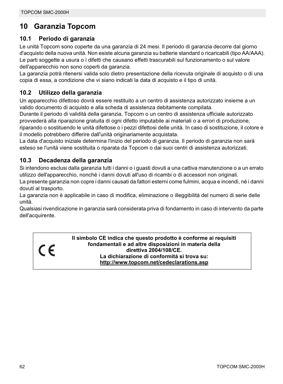 10 garanzia topcom | Topcom SMC-2000H User Manual | Page 62 / 108