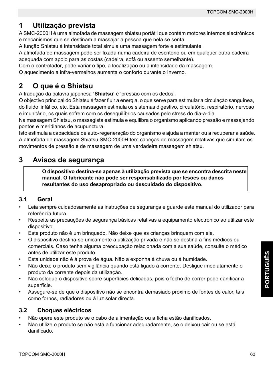 1utilização prevista, 2o que é o shiatsu, 3avisos de segurança | Topcom SMC-2000H User Manual | Page 63 / 108