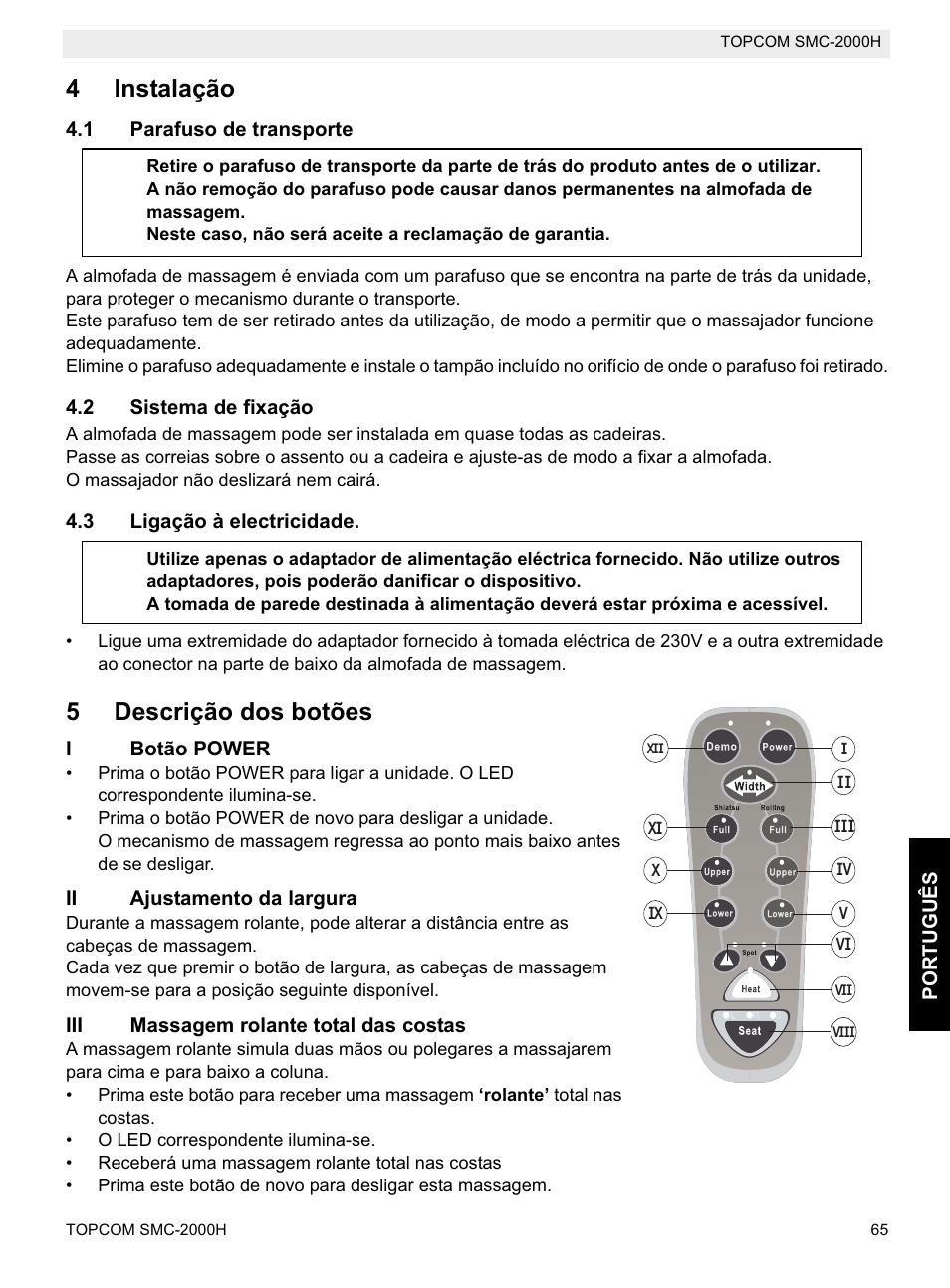 4instalação, 5descrição dos botões | Topcom SMC-2000H User Manual | Page 65 / 108