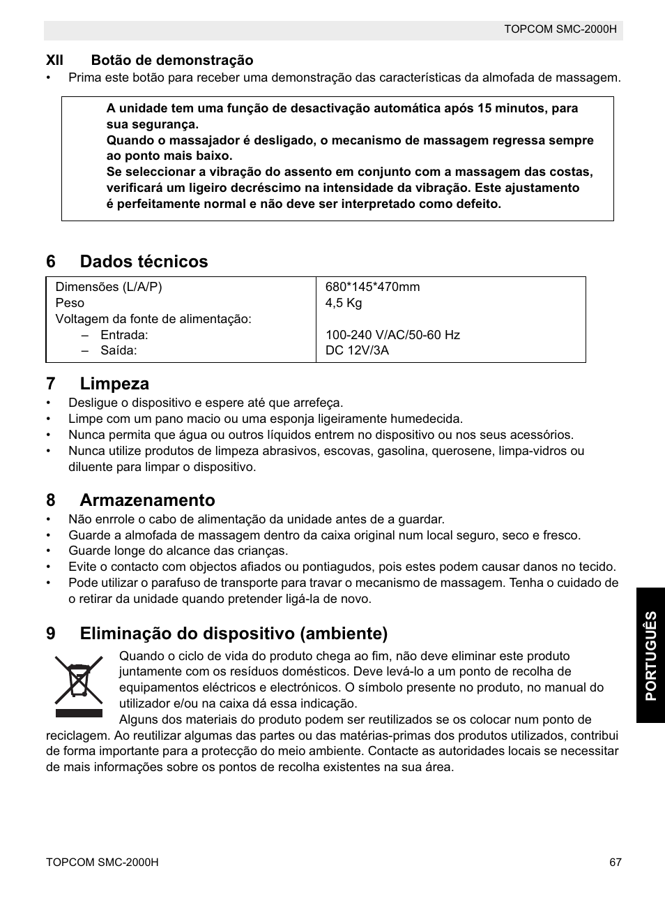 6dados técnicos 7 limpeza, 8armazenamento, 9eliminação do dispositivo (ambiente) | Topcom SMC-2000H User Manual | Page 67 / 108