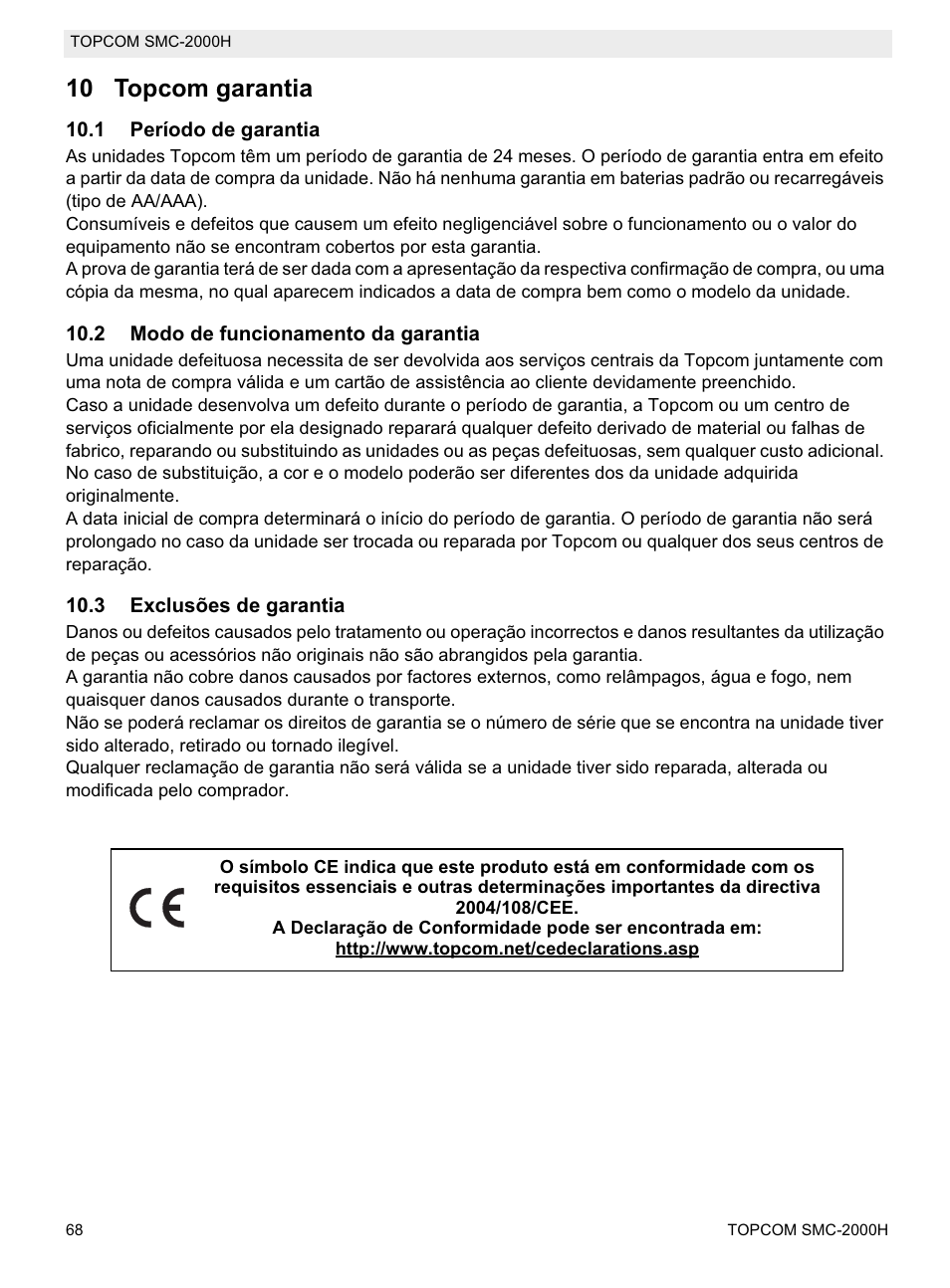 10 topcom garantia | Topcom SMC-2000H User Manual | Page 68 / 108