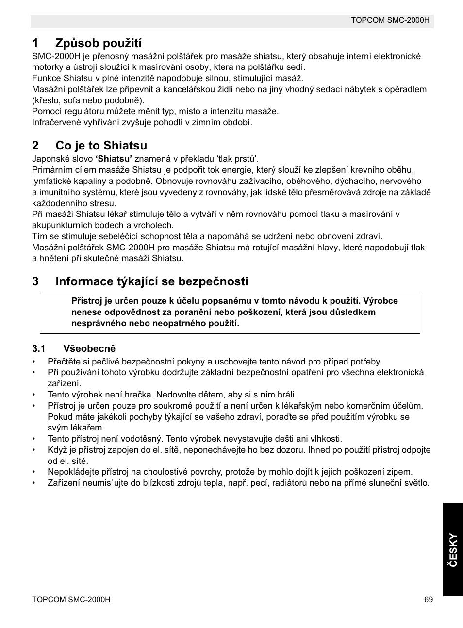 1zpĥsob použití, 2co je to shiatsu, 3informace týkající se bezpeþnosti | Topcom SMC-2000H User Manual | Page 69 / 108