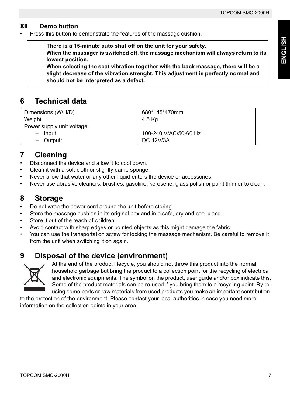 6technical data 7 cleaning, 8storage, 9disposal of the device (environment) | Topcom SMC-2000H User Manual | Page 7 / 108