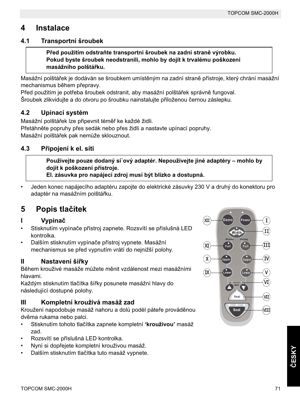 4instalace, 5popis tlaþítek | Topcom SMC-2000H User Manual | Page 71 / 108