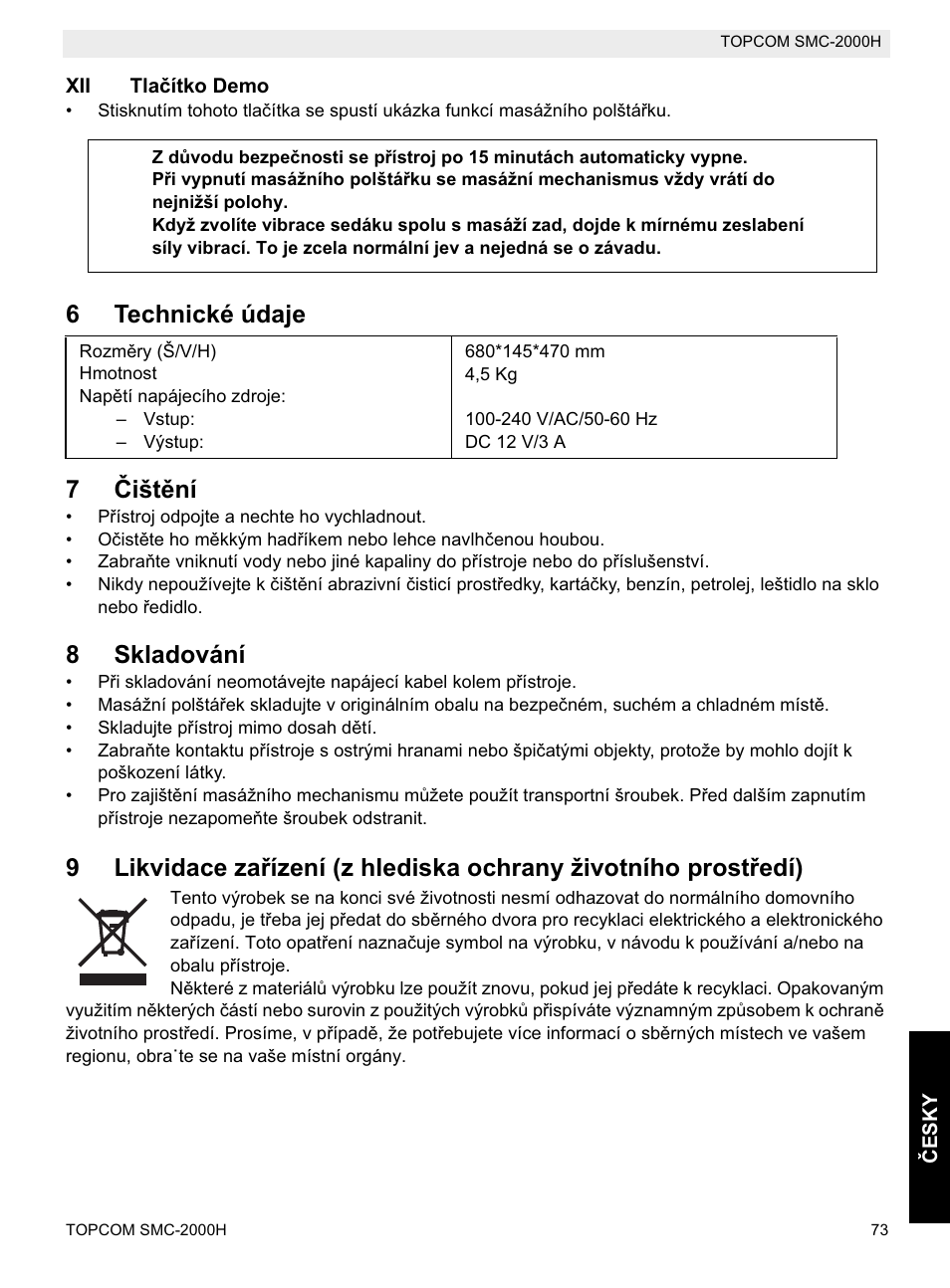 6technické údaje 7 ýištční, 8skladování | Topcom SMC-2000H User Manual | Page 73 / 108