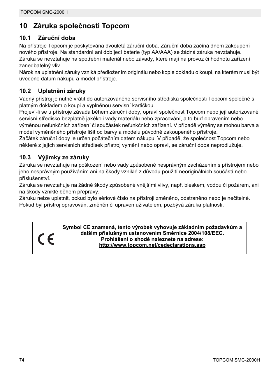 10 záruka spoleþnosti topcom | Topcom SMC-2000H User Manual | Page 74 / 108