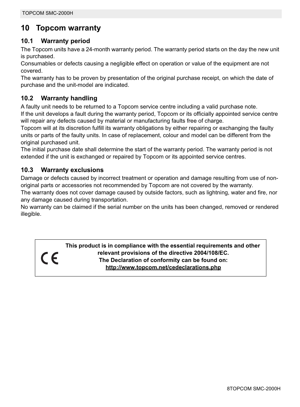 10 topcom warranty | Topcom SMC-2000H User Manual | Page 8 / 108