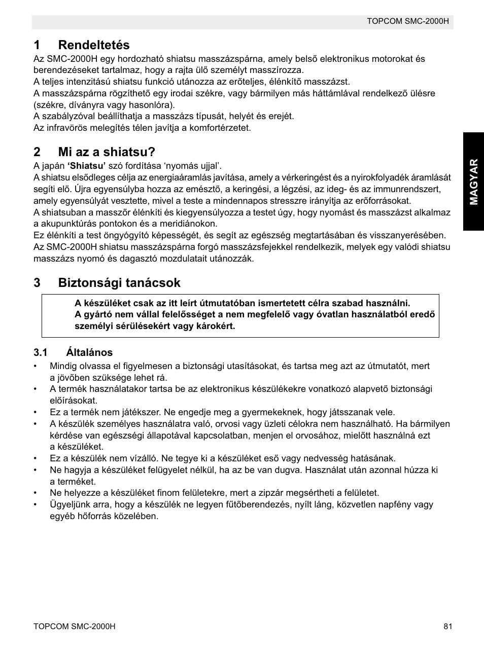 1rendeltetés, 2mi az a shiatsu, 3biztonsági tanácsok | Topcom SMC-2000H User Manual | Page 81 / 108