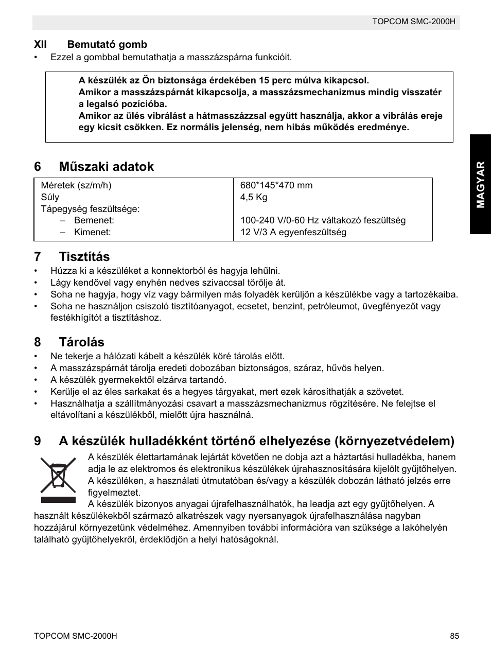 6mħszaki adatok 7 tisztítás, 8tárolás | Topcom SMC-2000H User Manual | Page 85 / 108