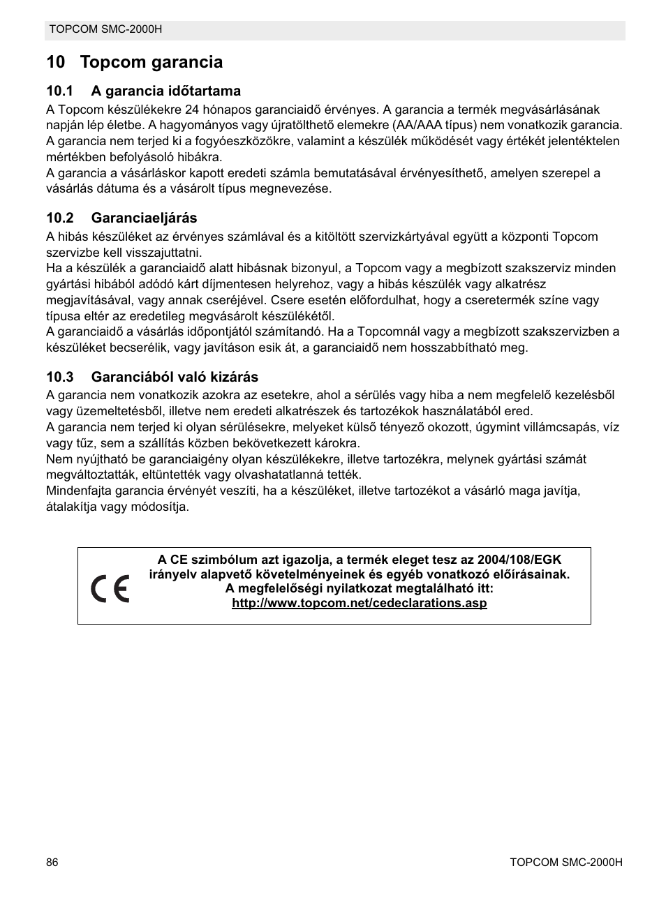 10 topcom garancia | Topcom SMC-2000H User Manual | Page 86 / 108