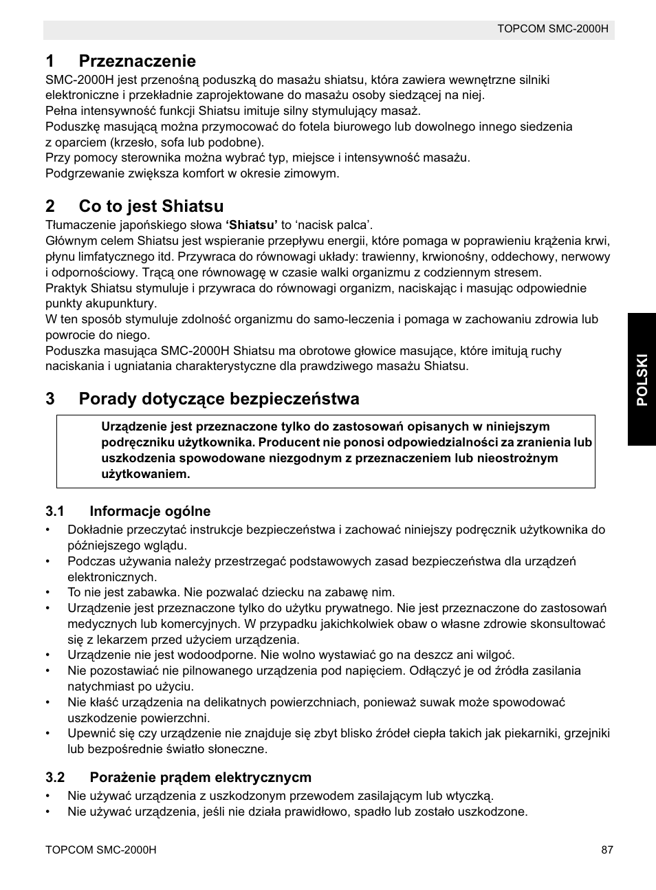 1przeznaczenie, 2co to jest shiatsu, 3porady dotyczące bezpieczeĕstwa | Topcom SMC-2000H User Manual | Page 87 / 108