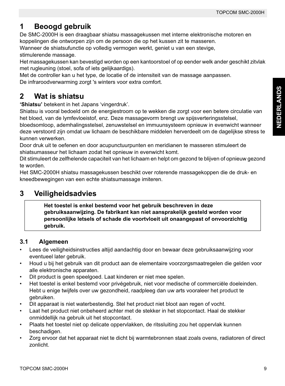 1beoogd gebruik, 2wat is shiatsu, 3veiligheidsadvies | Topcom SMC-2000H User Manual | Page 9 / 108