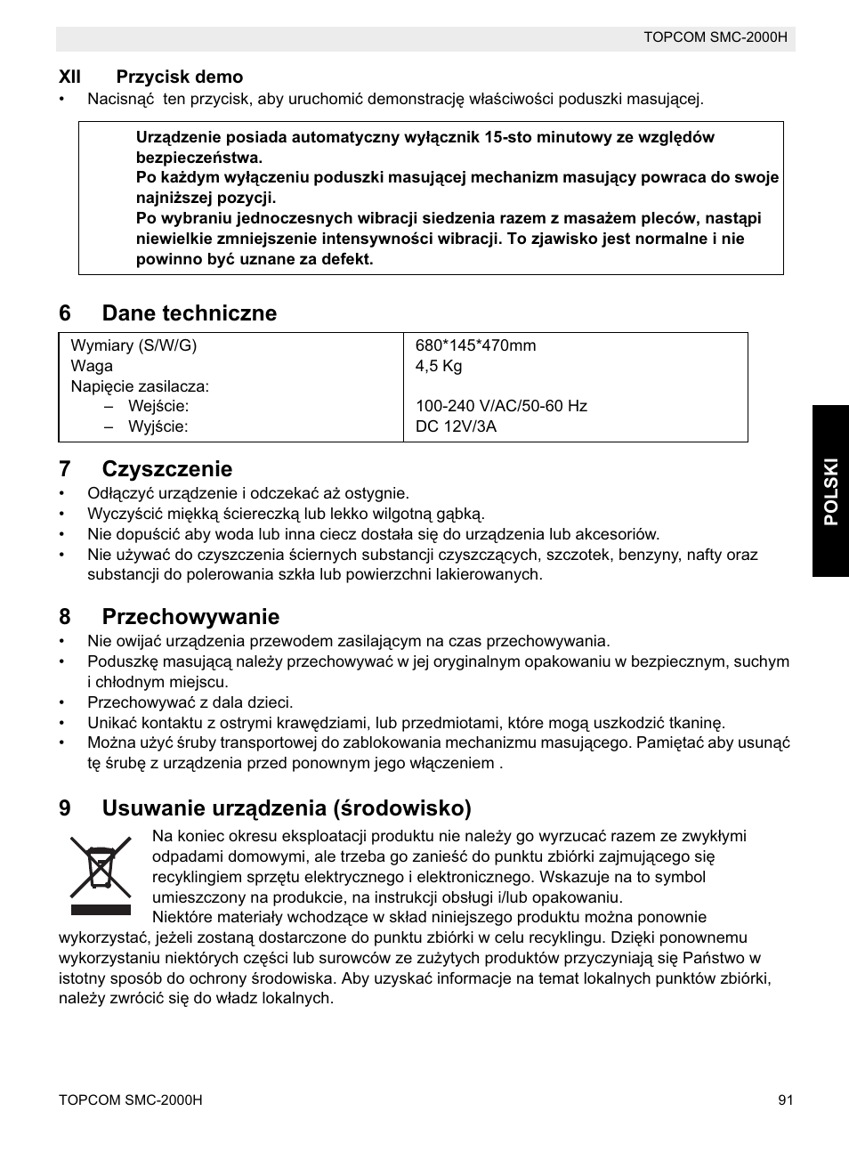 6dane techniczne 7 czyszczenie, 8przechowywanie, 9usuwanie urządzenia (ğrodowisko) | Topcom SMC-2000H User Manual | Page 91 / 108