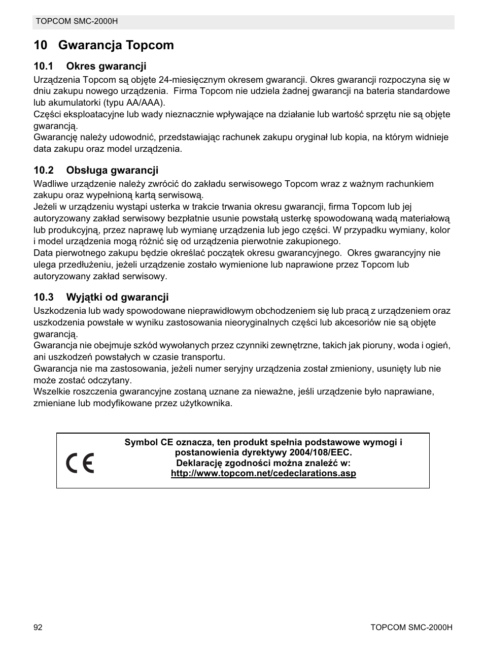 10 gwarancja topcom | Topcom SMC-2000H User Manual | Page 92 / 108