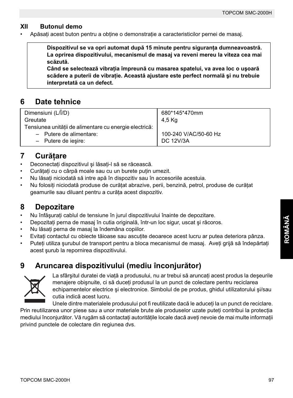 6date tehnice 7 curăġare, 8depozitare, 9aruncarea dispozitivului (mediu înconjurător) | Topcom SMC-2000H User Manual | Page 97 / 108