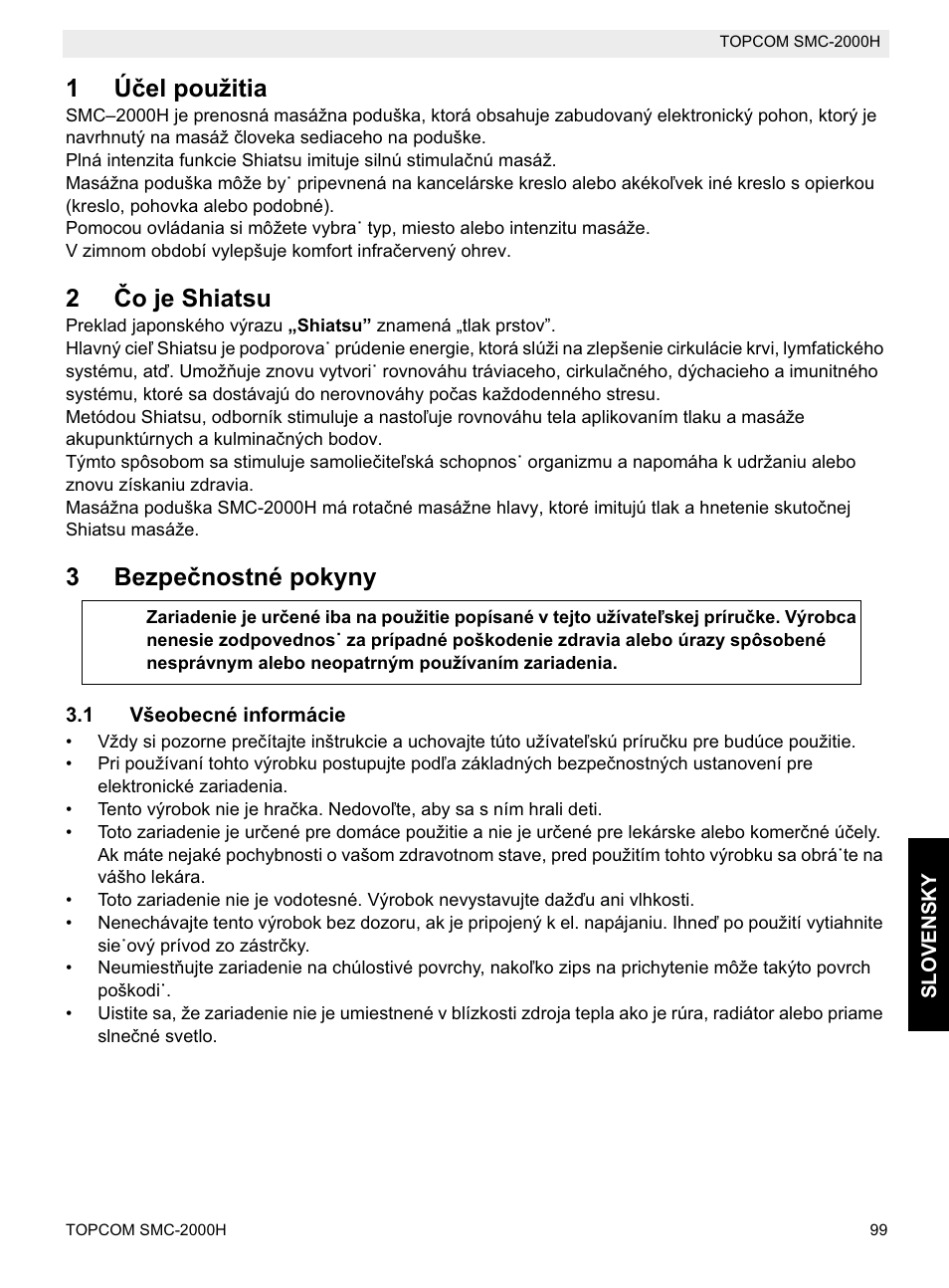 1úþel použitia, 2ýo je shiatsu, 3bezpeþnostné pokyny | Topcom SMC-2000H User Manual | Page 99 / 108