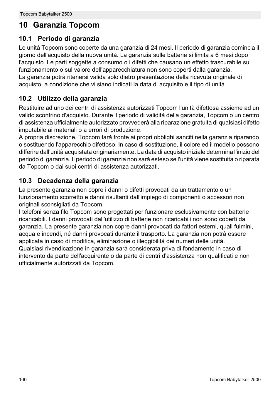 10 garanzia topcom | Topcom BABYTALKER 2500 User Manual | Page 100 / 166