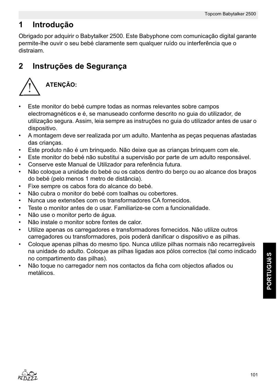 1introdução, 2instruções de segurança | Topcom BABYTALKER 2500 User Manual | Page 101 / 166