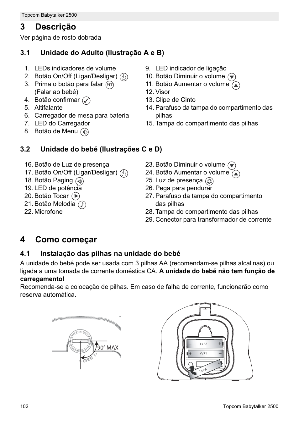 3descrição, 4como começar, 1 instalação das pilhas na unidade do bebé | Ver página de rosto dobrada | Topcom BABYTALKER 2500 User Manual | Page 102 / 166