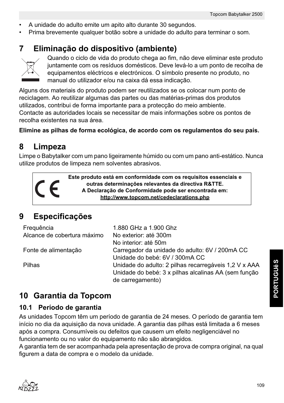 7eliminação do dispositivo (ambiente), 8limpeza, 9especificações 10 garantia da topcom | Topcom BABYTALKER 2500 User Manual | Page 109 / 166