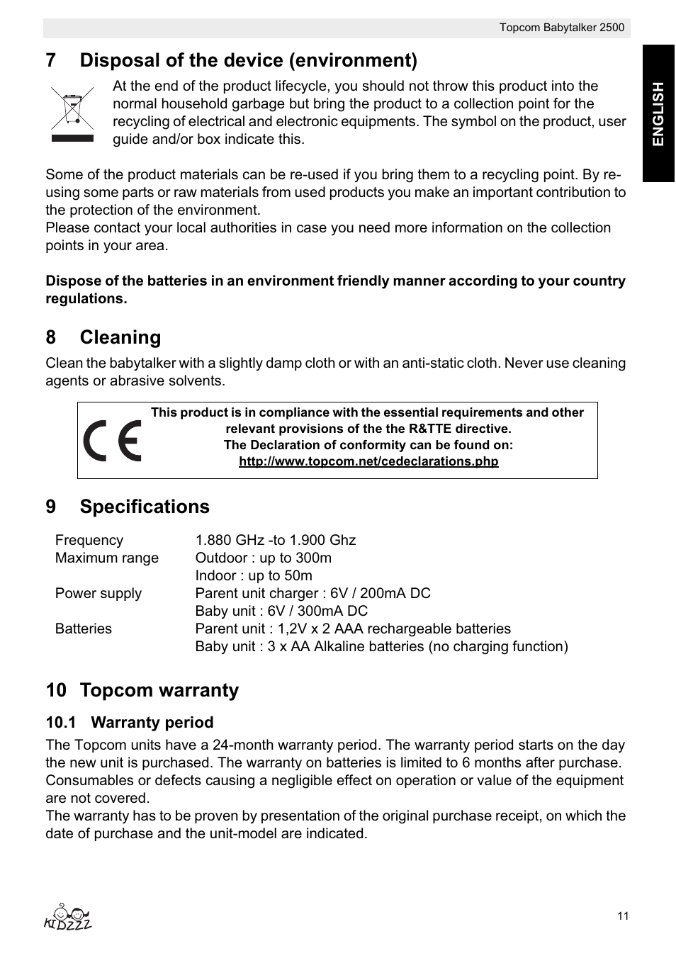 7disposal of the device (environment), 8cleaning, 9specifications 10 topcom warranty | Topcom BABYTALKER 2500 User Manual | Page 11 / 166