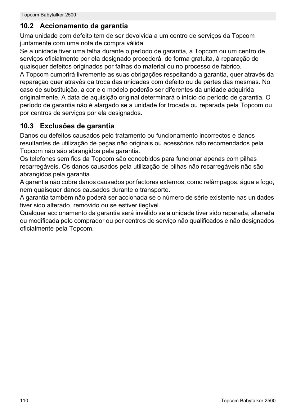 2 accionamento da garantia, 3 exclusões de garantia | Topcom BABYTALKER 2500 User Manual | Page 110 / 166