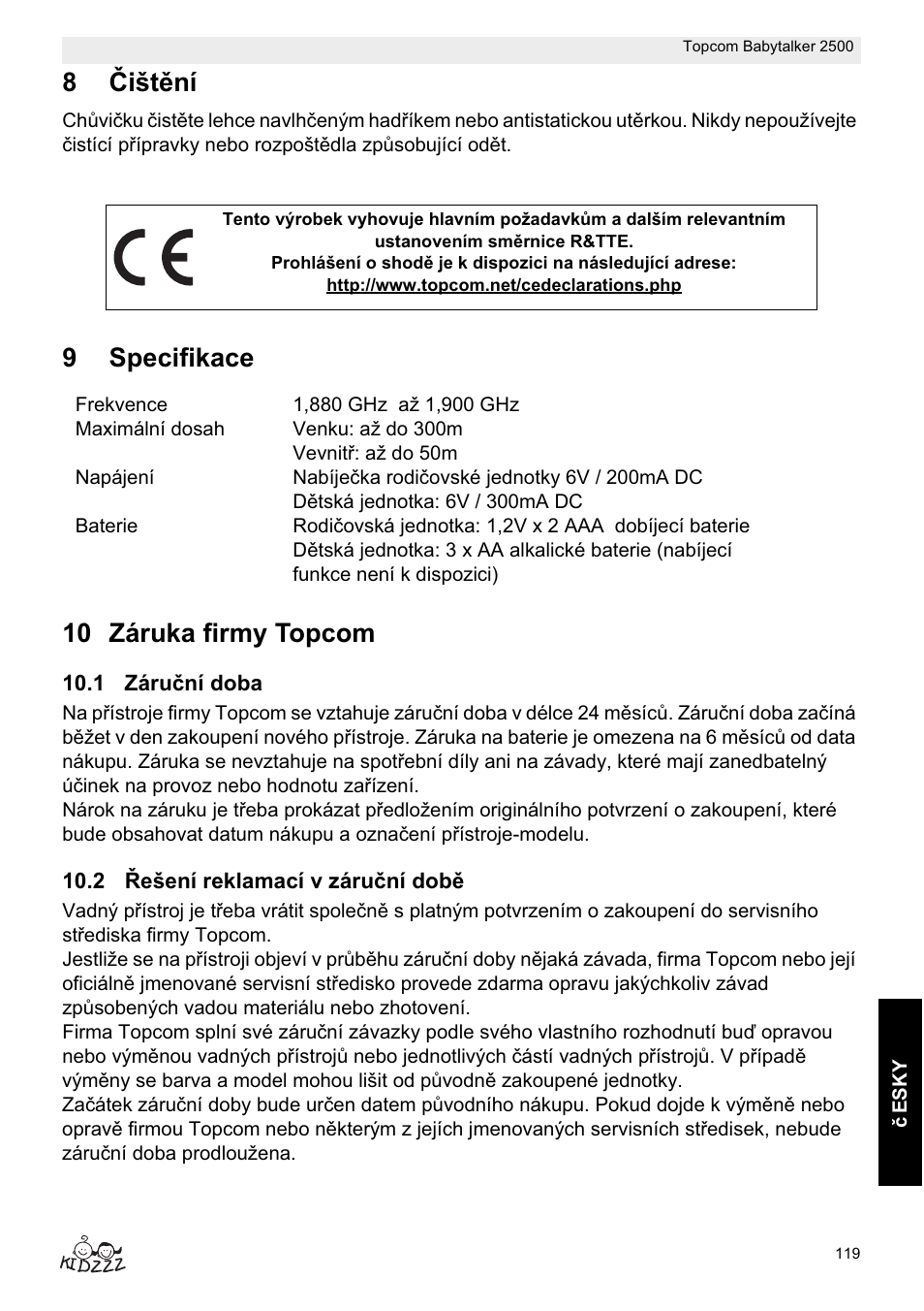 8ýištční, 9specifikace 10 záruka firmy topcom | Topcom BABYTALKER 2500 User Manual | Page 119 / 166