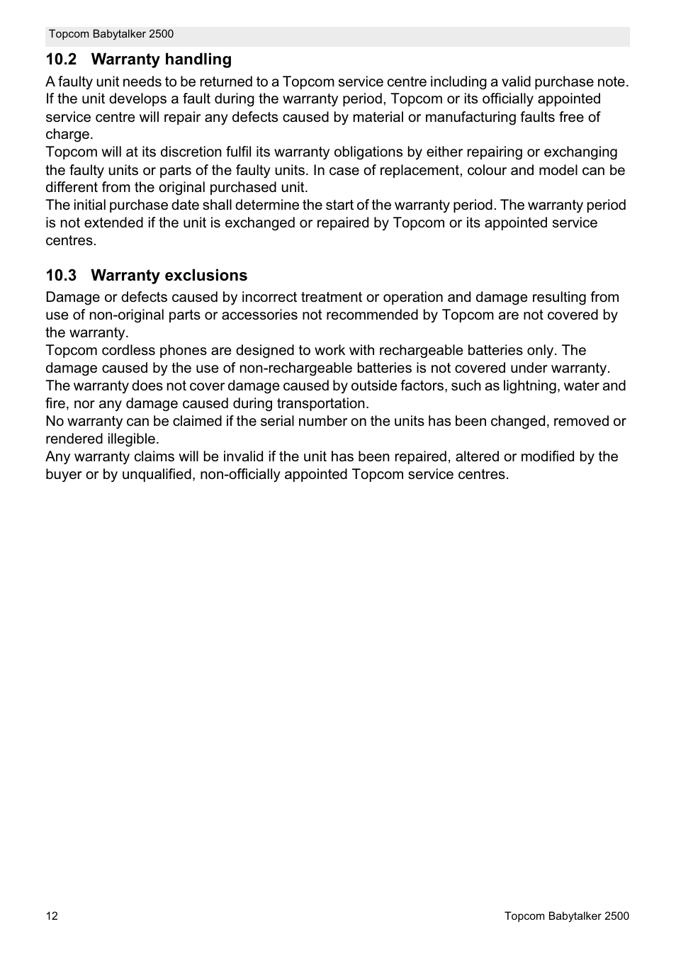 2 warranty handling, 3 warranty exclusions | Topcom BABYTALKER 2500 User Manual | Page 12 / 166