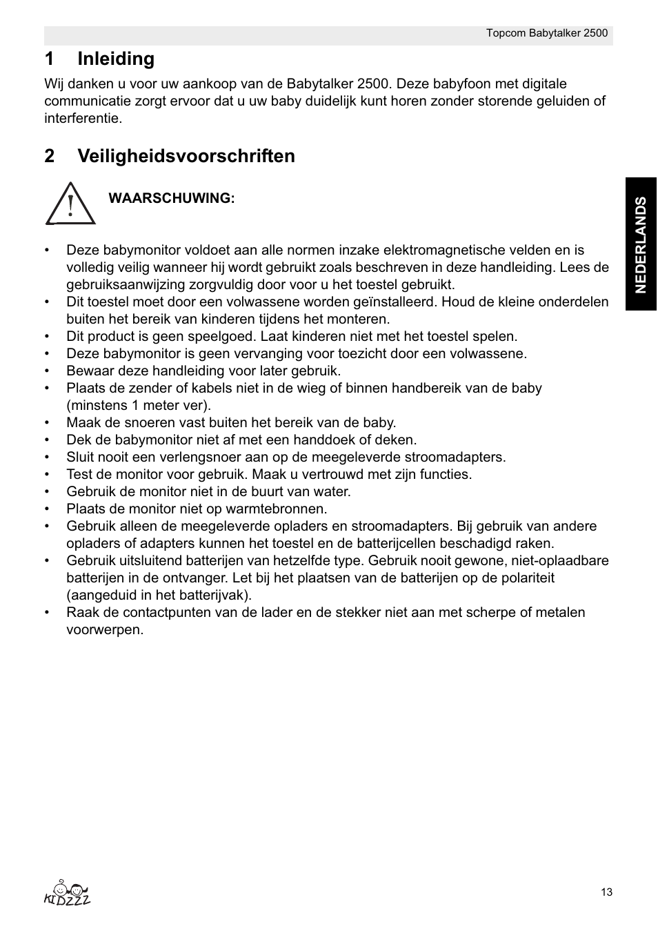 1inleiding, 2veiligheidsvoorschriften | Topcom BABYTALKER 2500 User Manual | Page 13 / 166