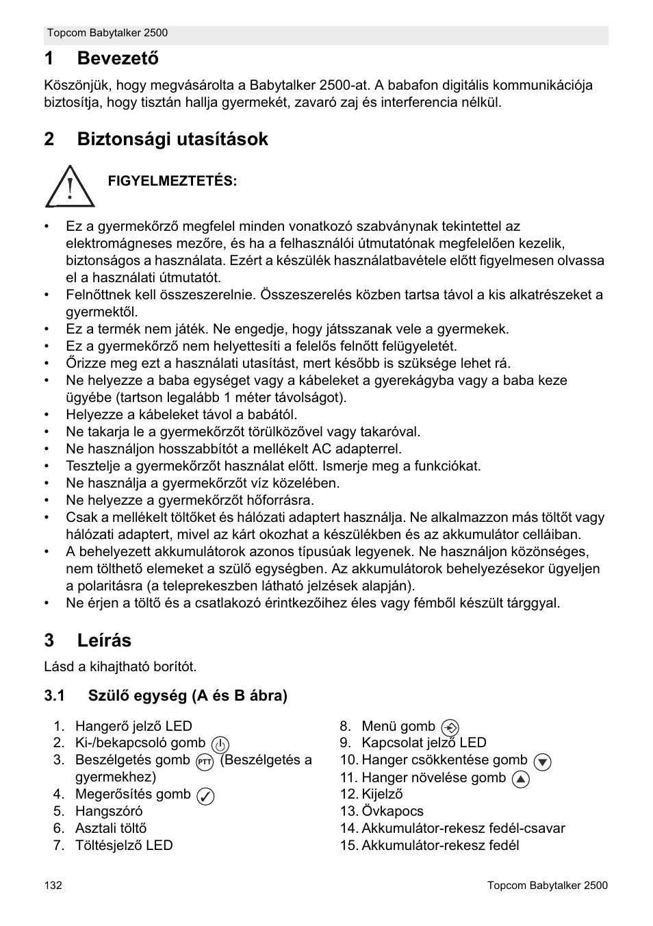 1bevezetę, 2biztonsági utasítások, 3leírás | Topcom BABYTALKER 2500 User Manual | Page 132 / 166
